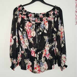 White House Black Market Off The Shoulder Peplum Black Floral Top. Size L